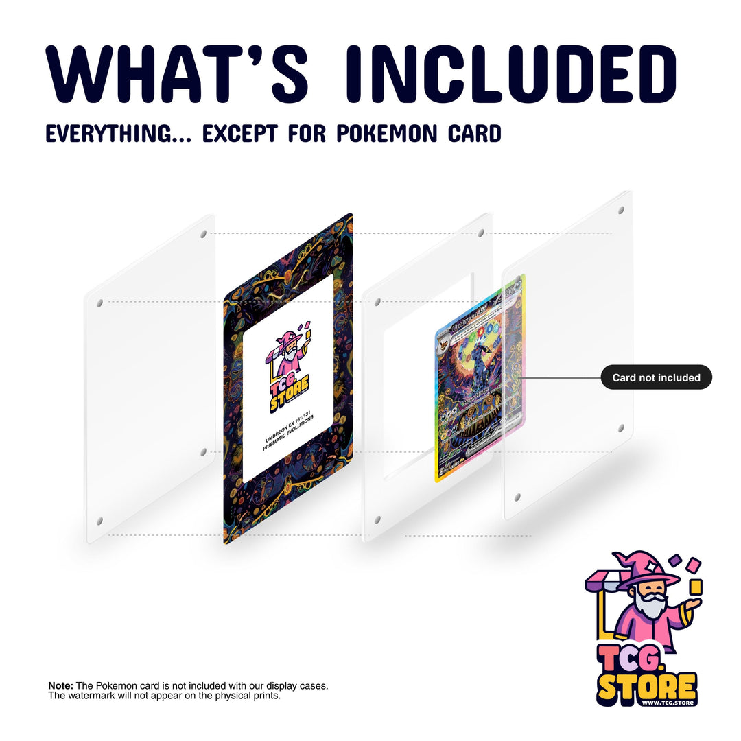 The image is a promotional poster for a Pokémon card, specifically the Pokémon Charizard, which is not included with the display cases. The Pokémon card is not included with the display cases, and the watermark will not appear on the physical prints.
