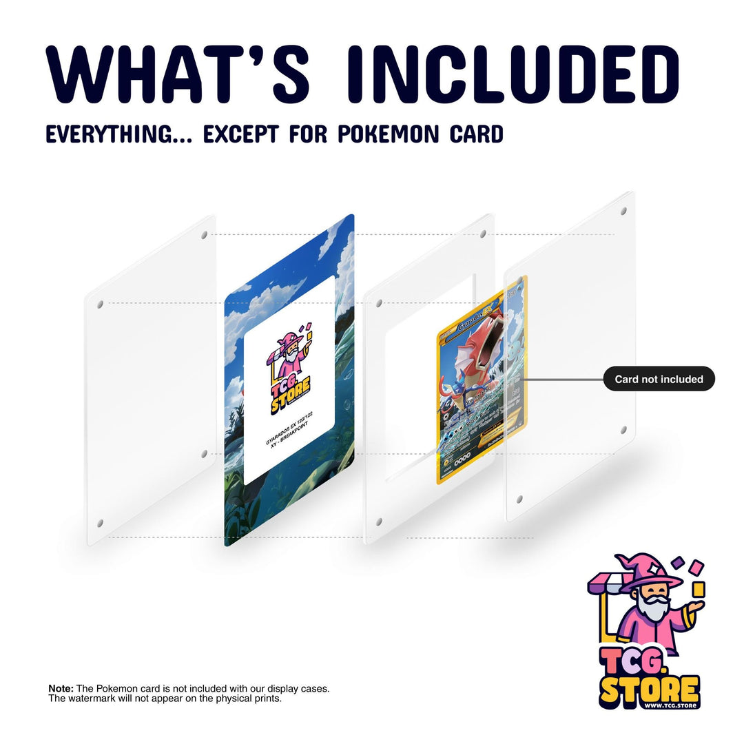 The image is a promotional poster for a Pokémon card, with a clear plastic case and a Pokémon image. The Pokémon card is not included with the display cases, and the watermark will appear on the physical prints.