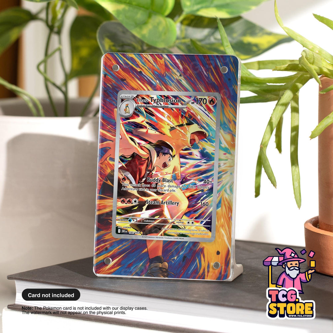 A colorful Pokémon-themed display case with a Pokémon card featuring a character named Ethy, placed on a table next to a potted plant.