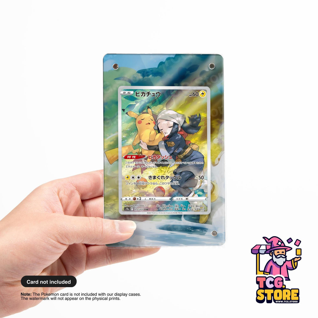 A hand holding a Pokémon trading card featuring Pikachu and another character.