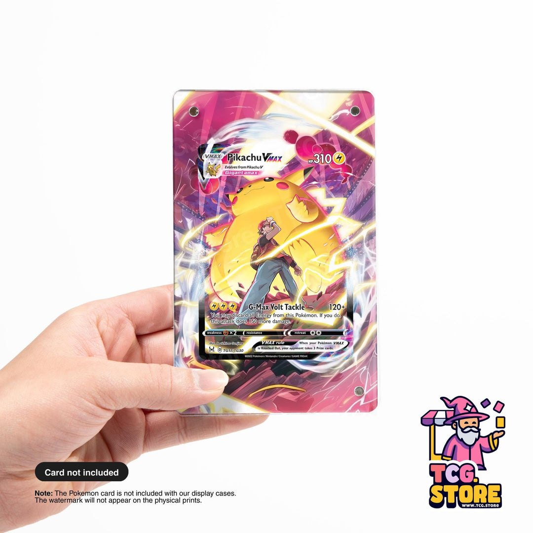 A hand holding a Pokémon trading card featuring a yellow Pokémon character against a colorful background.