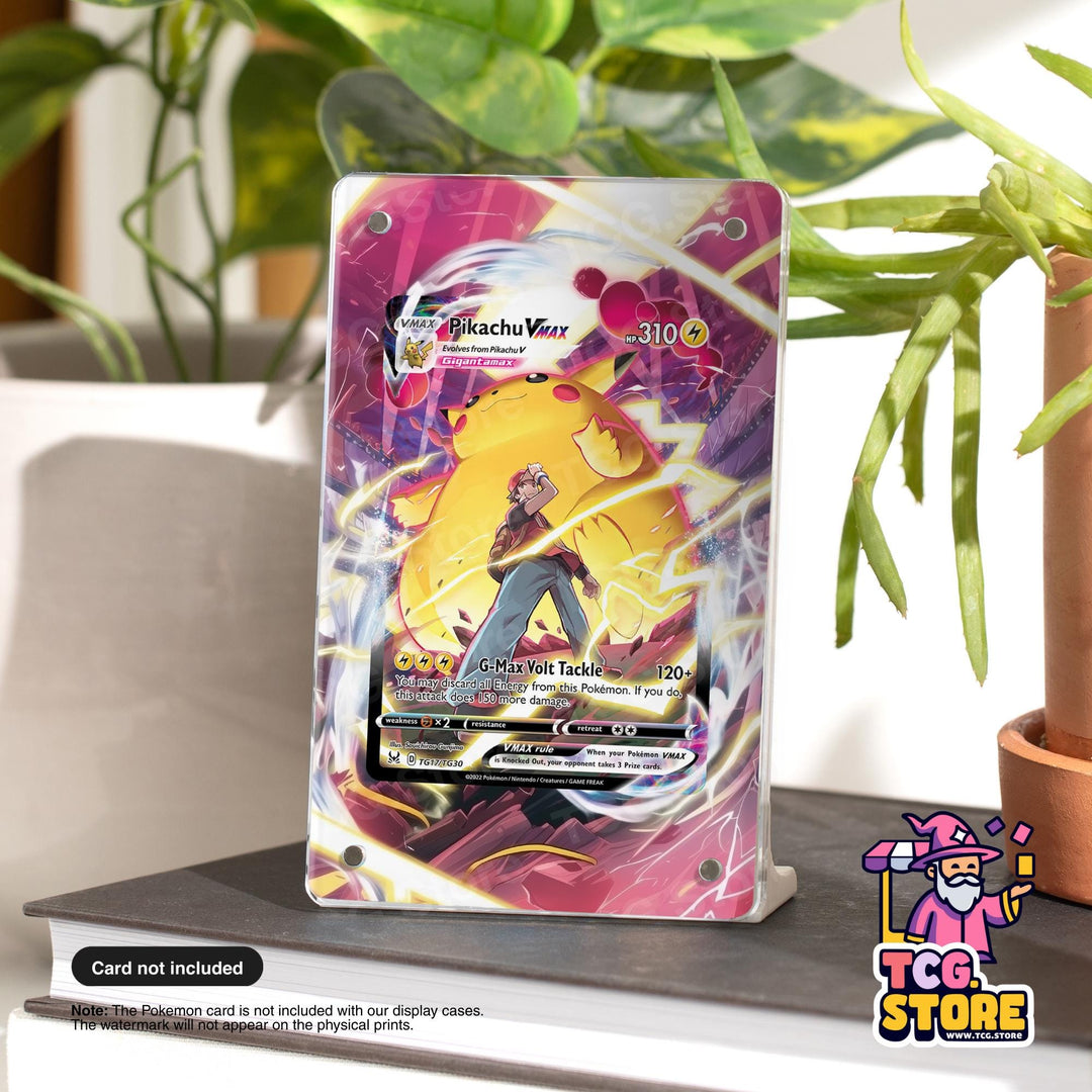 A Pokémon VX Pikachu Tackie card is displayed on a stand, surrounded by potted plants.