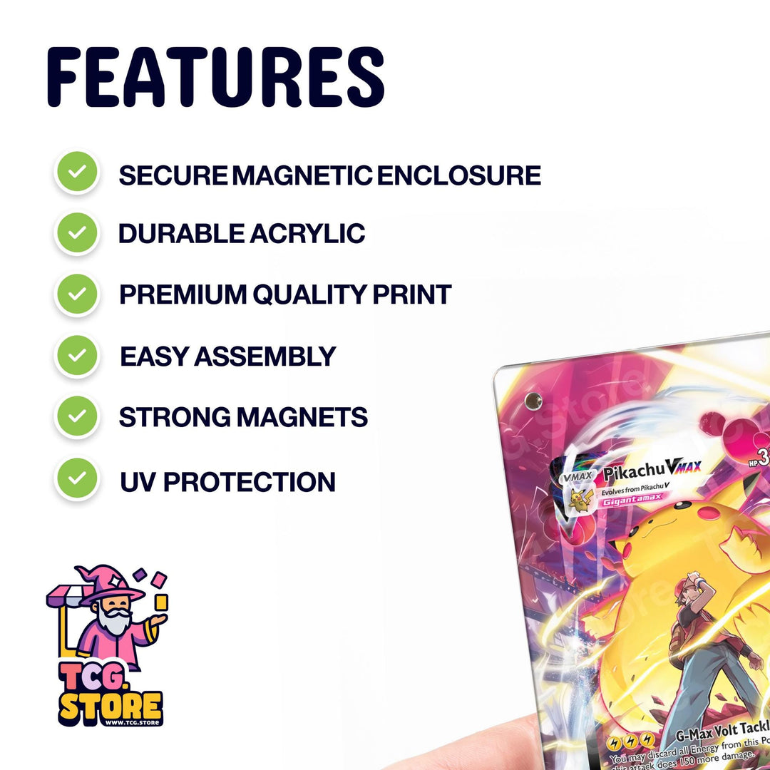 a hand holding a Pikachu V Max trading card, highlighting its features such as secure magnetic enclosure, durable acrylic, premium quality print, easy assembly, strong magnets, and UV protection.