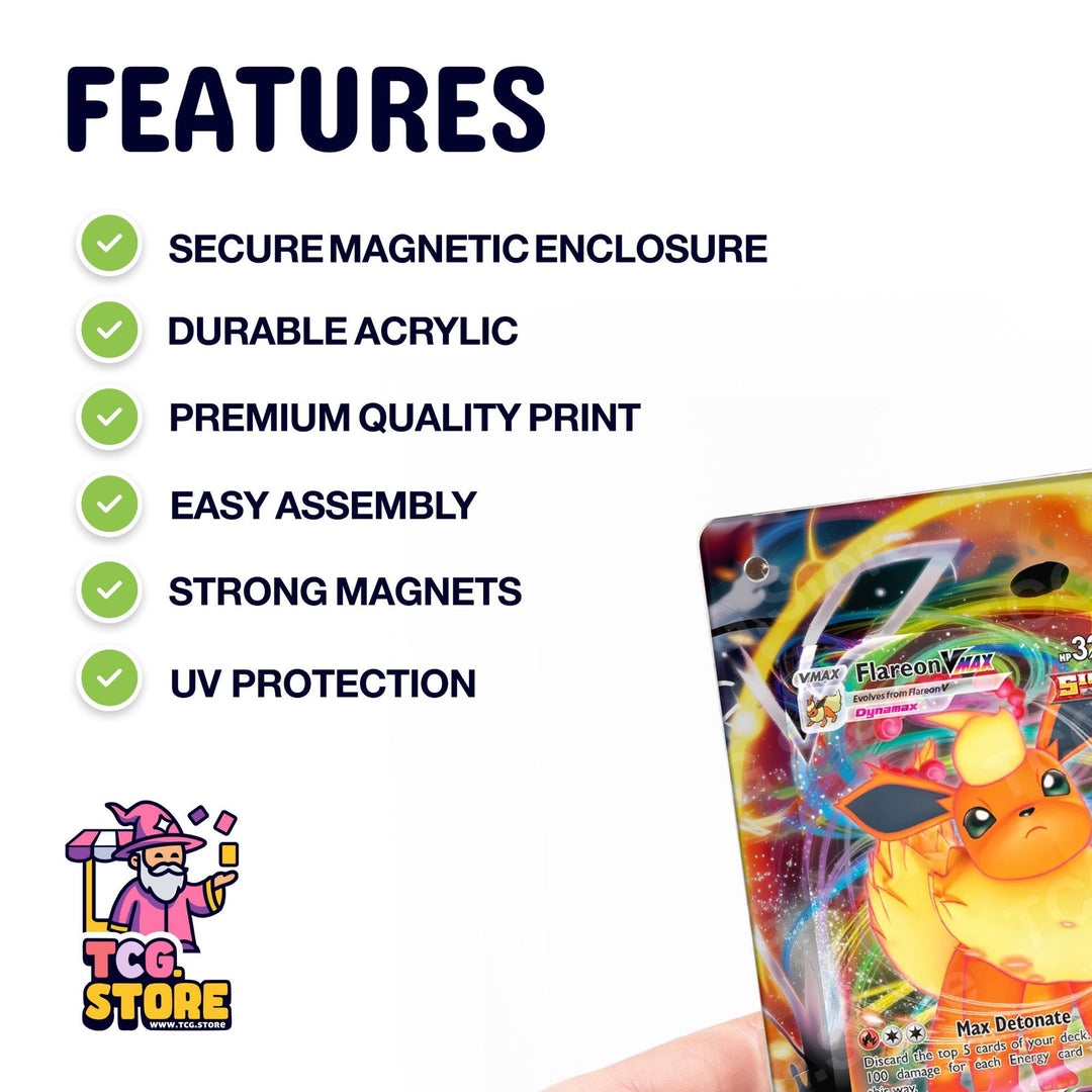 a hand holding a Pokémon card with a colorful, abstract design. The card is described as having a secure magnetic enclosure, durable acrylic, premium quality print, easy assembly, strong magnets, and UV protection.