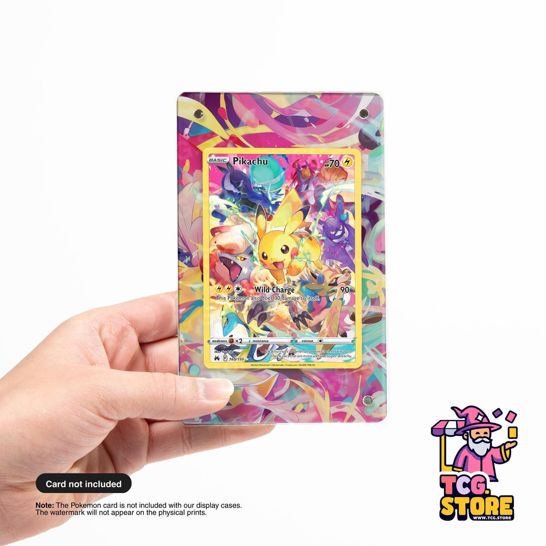 A hand holding a colorful Pokémon card featuring a yellow Pokémon character.