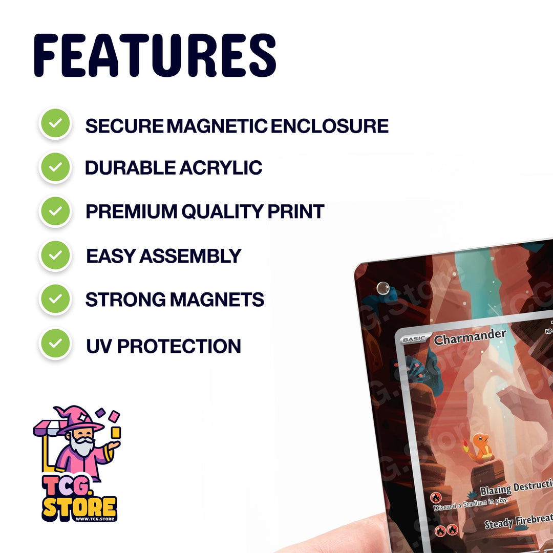 a hand holding a transparent plastic card with a cartoon character on it, along with a list of features such as secure magnetic enclosure, durable acrylic, premium quality print, easy assembly, strong magnets, and UV protection.