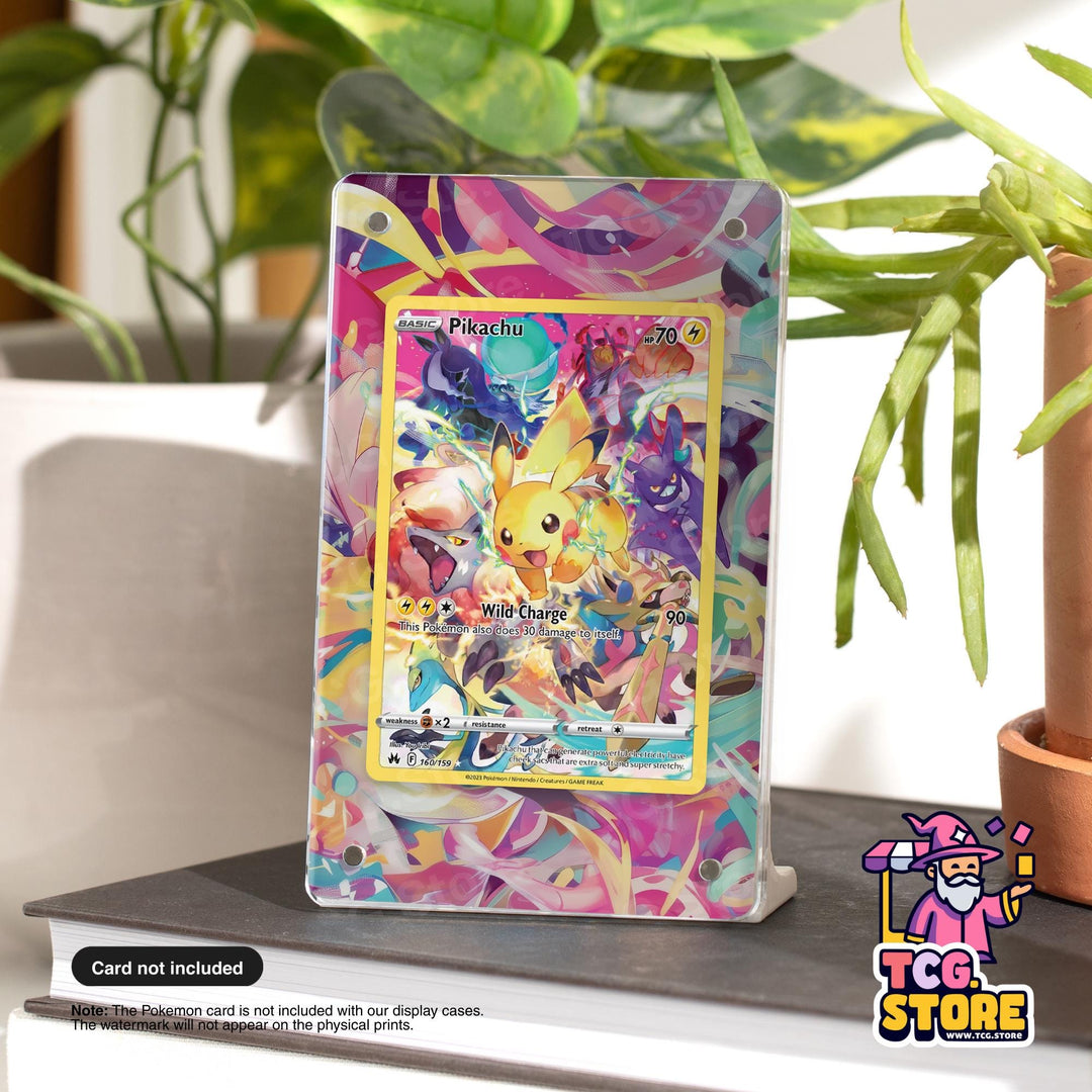 A Pokémon card featuring Pikachu is displayed on a stand, with a plant in the background.