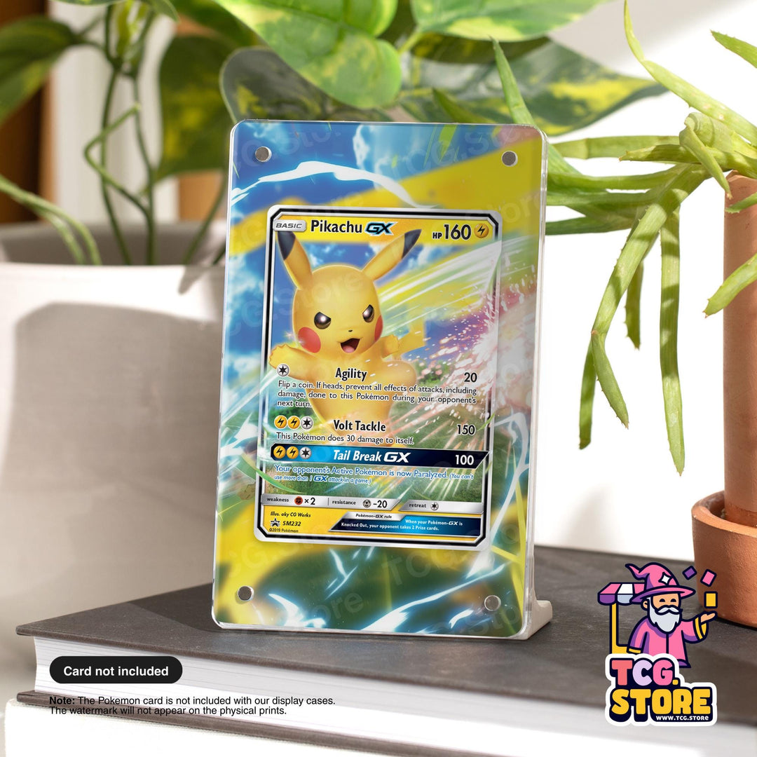 A Pokémon card featuring Pikachu, a popular Pokémon character, is displayed on a stand.