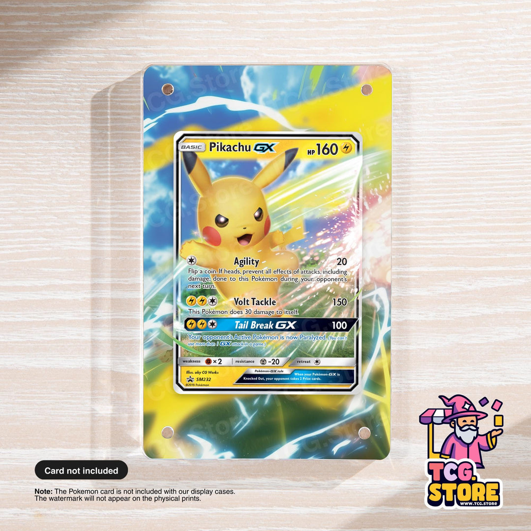 A Pokémon trading card featuring Pikachu, a popular Pokémon character, with a colorful background and a detailed description of the Pokémon's abilities and attributes.