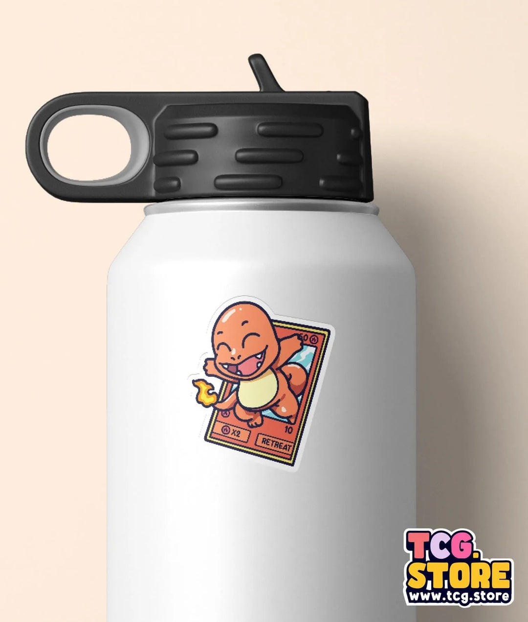 a white water bottle with a cartoon character on it