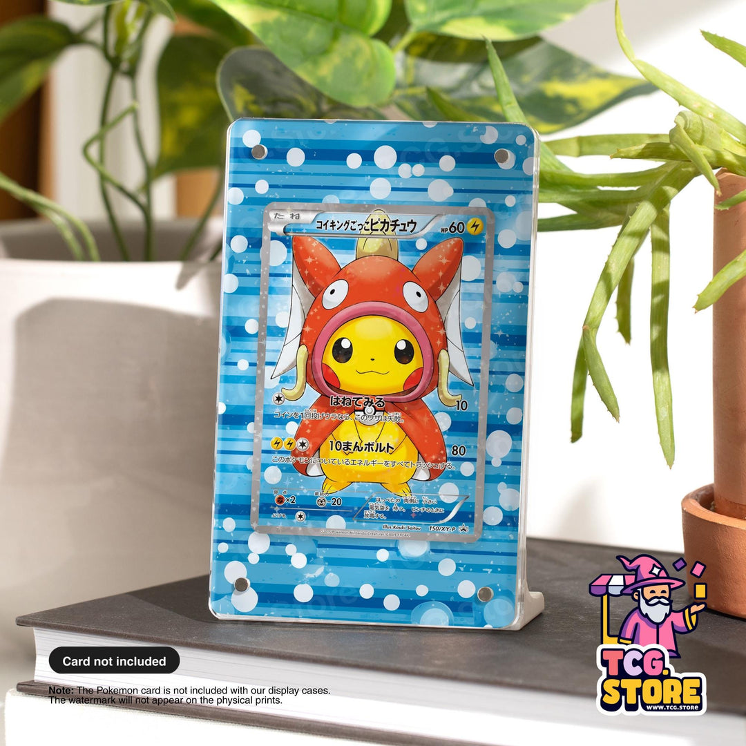 A Pokemon card featuring Pikachu in a red and yellow costume, displayed on a stand with a plant in the background.