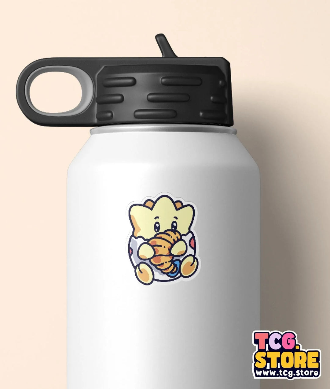 a white water bottle with a black lid