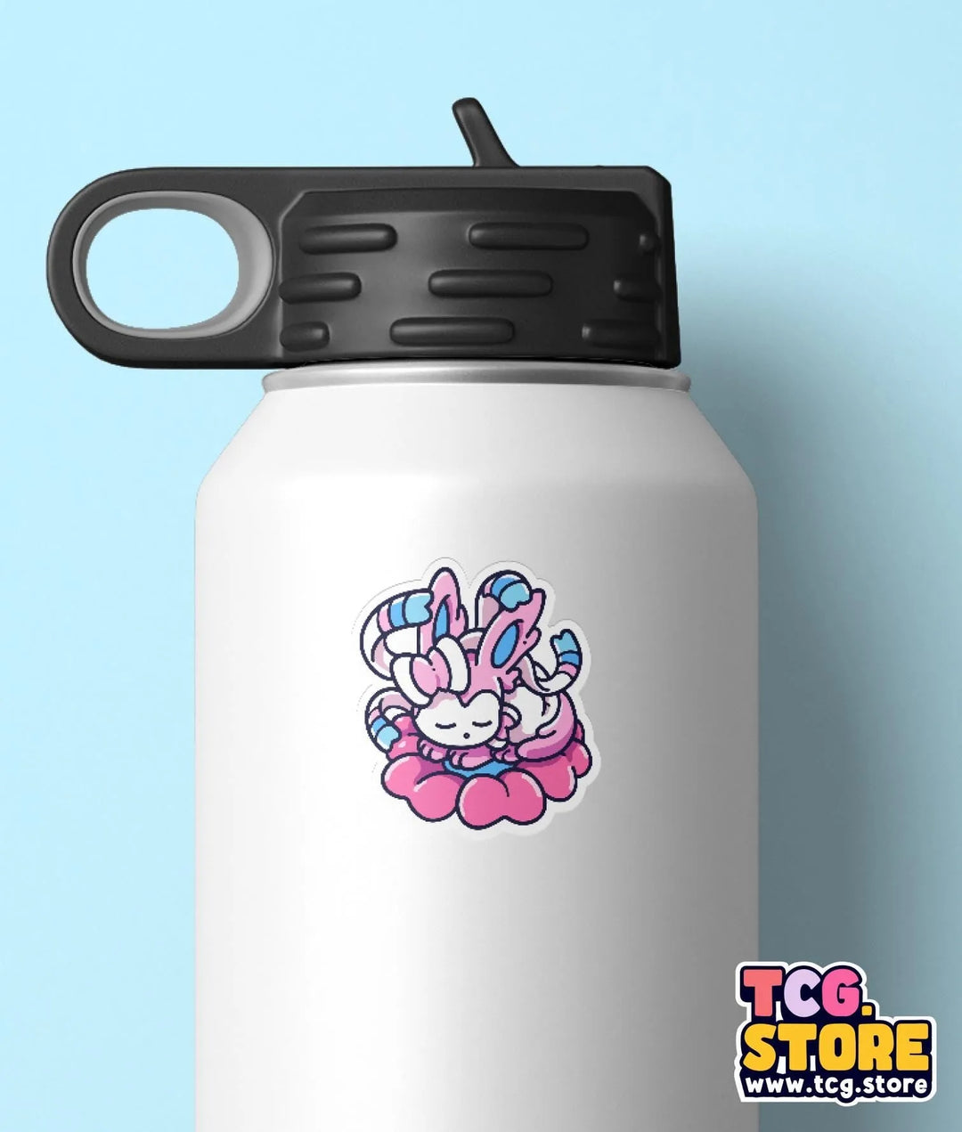 a white water bottle with a cartoon bunny on it