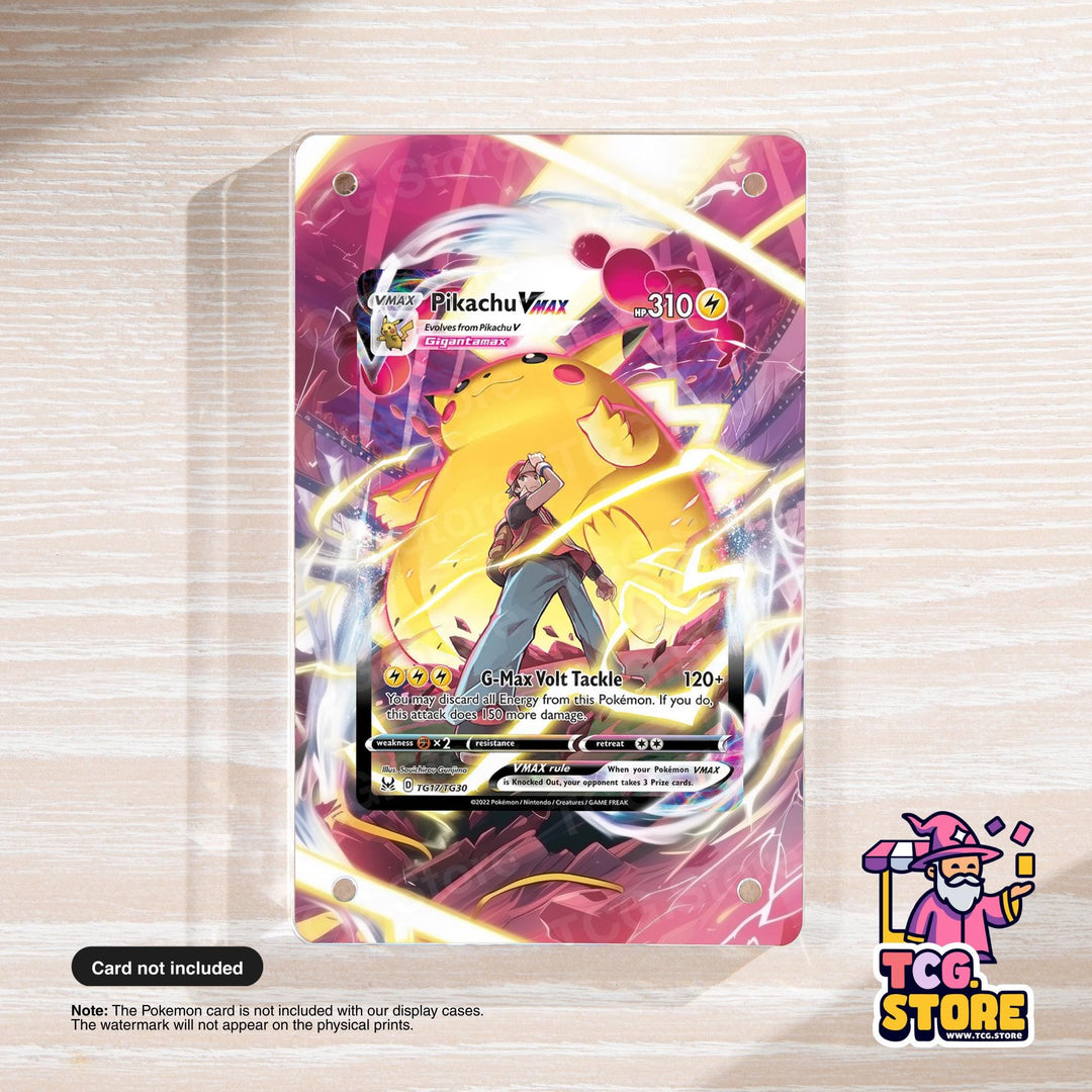 The image is a Pokémon-themed Pokémon trading card featuring a yellow Pokémon character with a red hat and a pink background.