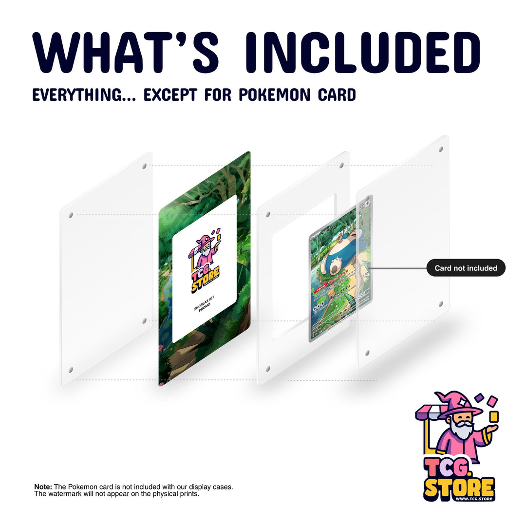 The image is a promotional poster for a Pokémon card, specifically for the Pokémon card. It includes a Pokémon card and a Pokémon card, both of which are not included with the Pokémon card. The Pokémon card is not included with the display cases, and the watermark will not appear on the physical prints.