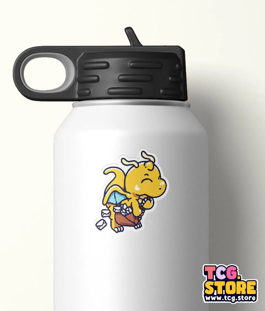 a white water bottle with a cartoon dog on it