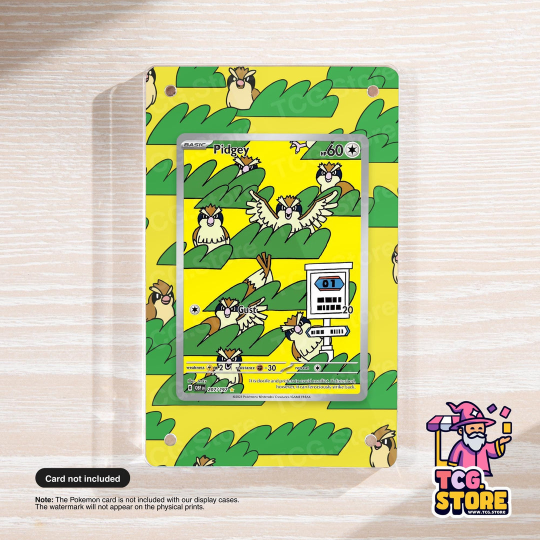 a Pokémon card with a yellow and green pattern, depicting a Pokémon character named Pidgey.