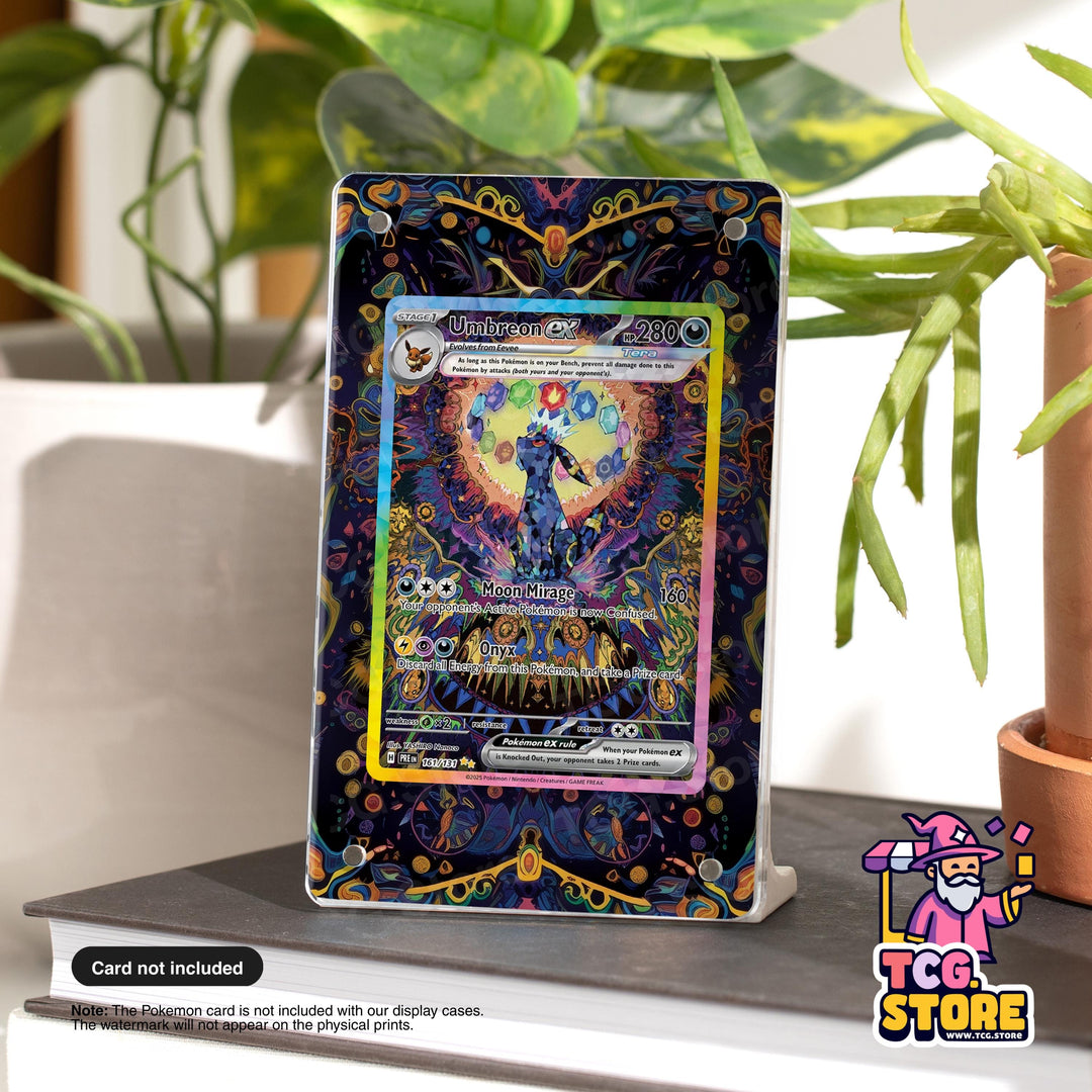 A Pokémon card display case with a Pokémon card featuring a colorful, intricate design. The card is placed on a table next to a potted plant.