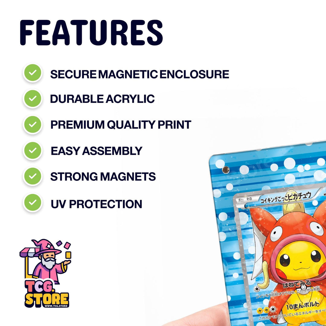 a Pokémon-themed product, such as a Pokémon trading card, with a hand holding it. The product has several features, including a secure magnetic enclosure, a durable acrylic print, a premium quality print, easy assembly, strong magnets, and UV protection.