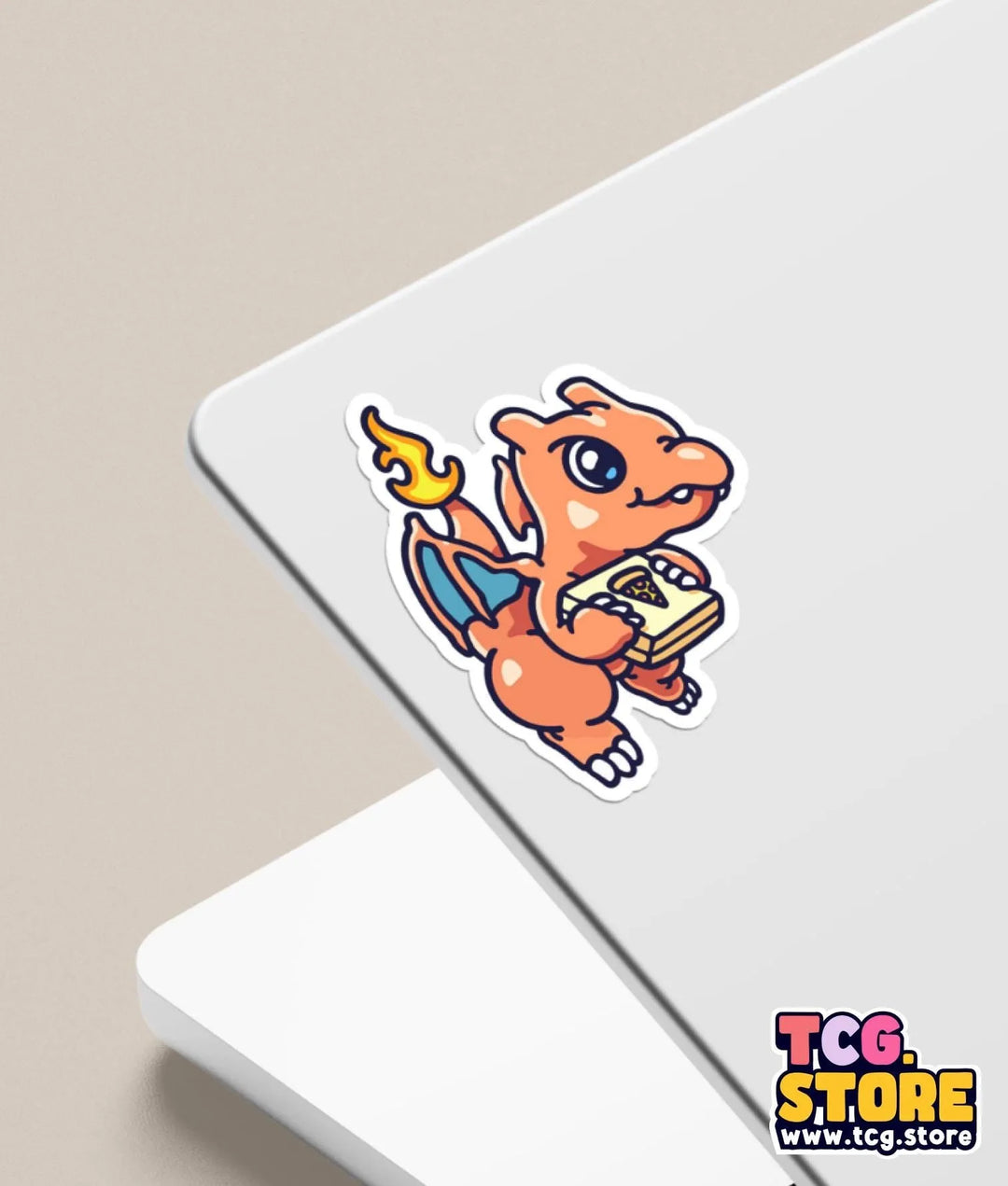a sticker of a cartoon character eating a piece of pizza