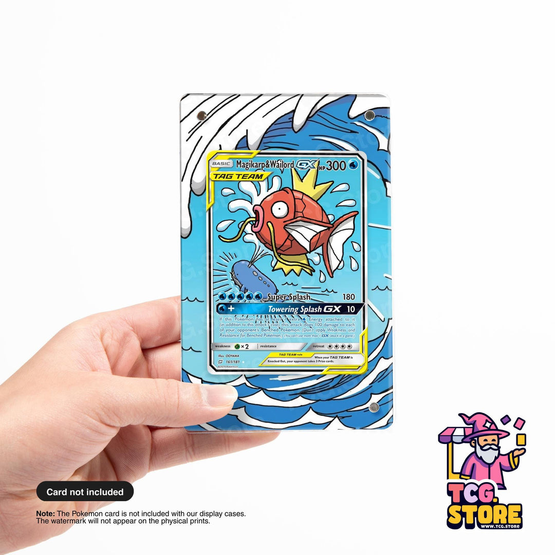 A hand holding a Pokémon trading card with a colorful, cartoonish design featuring a fish-like Pokémon character.