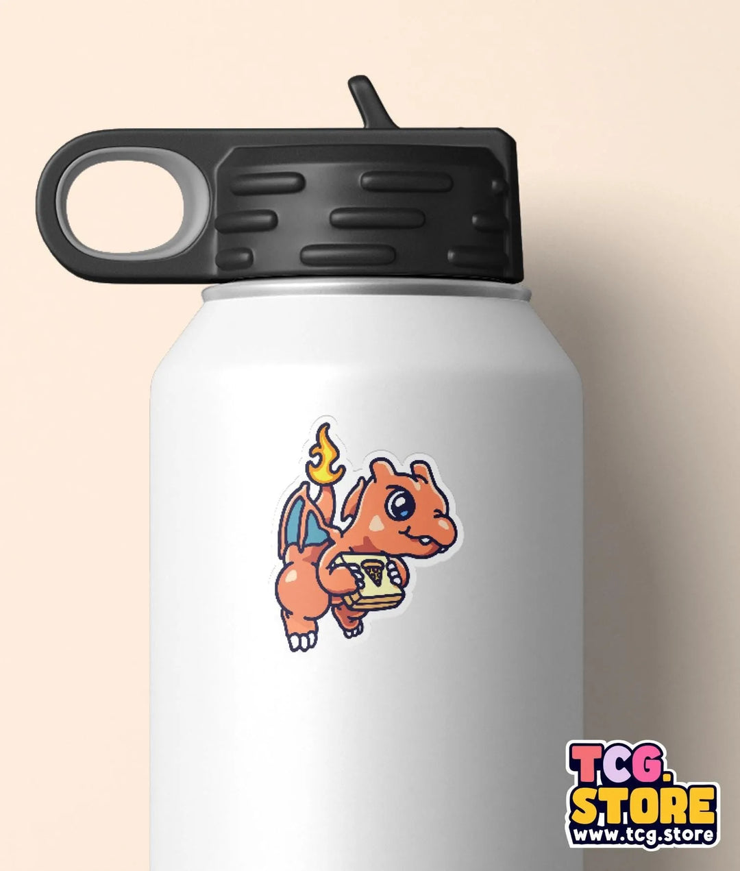 a white water bottle with a picture of a dinosaur on it