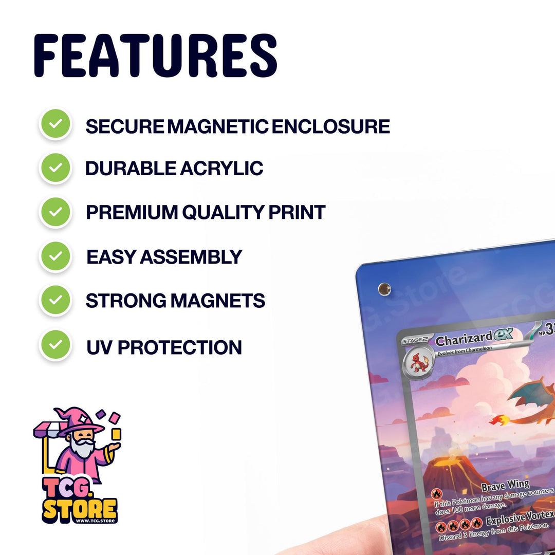 a hand holding a Charizard Ex card, highlighting its features such as secure magnetic enclosure, durable acrylic, premium quality print, easy assembly, strong magnets, and UV protection.