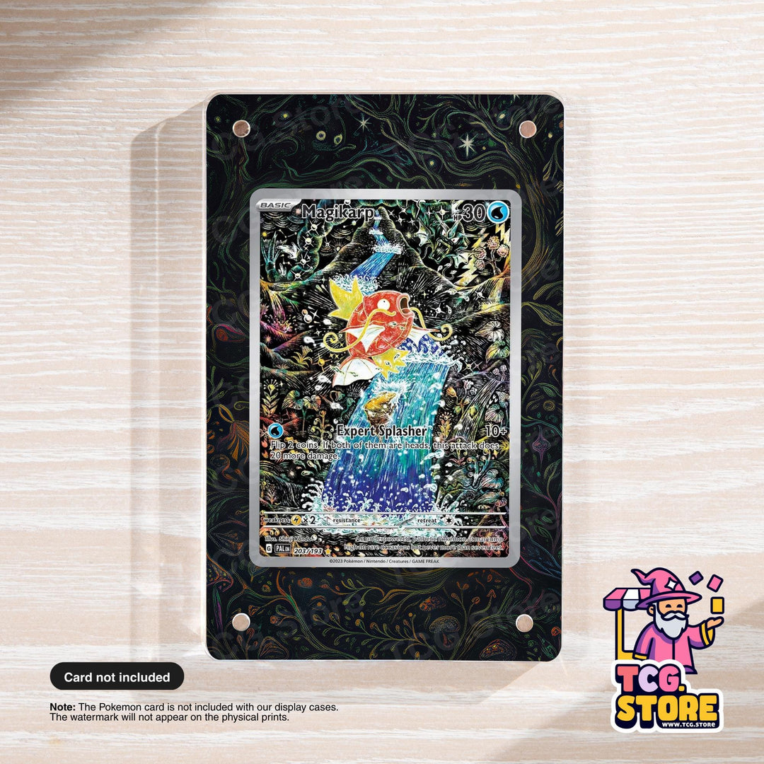 a Pokémon card displayed on a black and gold frame, with a watermark indicating that the card is not included with the display cases.