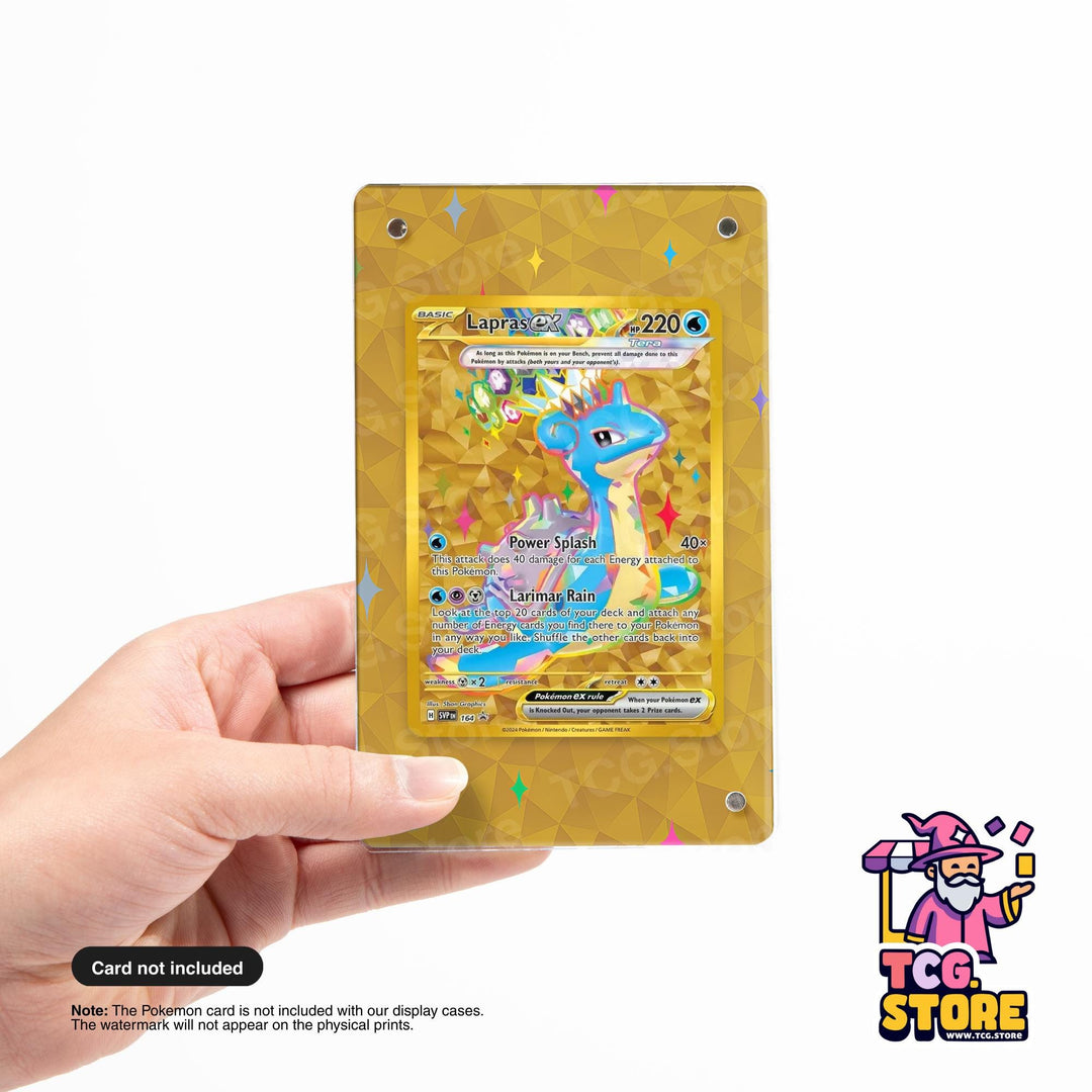 A hand holding a gold-colored Pokémon trading card with a colorful, diamond-patterned background.