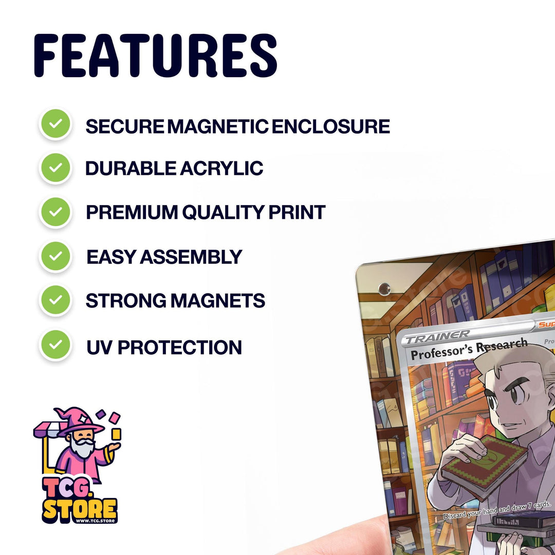 a hand holding a card with a cartoon character on it, and there are several features listed below the card.