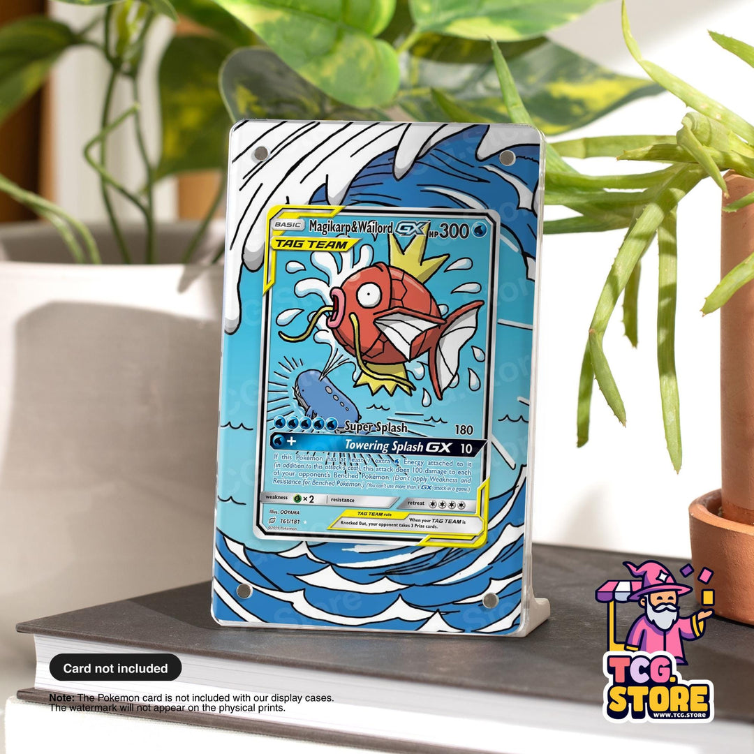 a Pokémon card display case with a Pokémon card featuring a colorful, illustrated design.