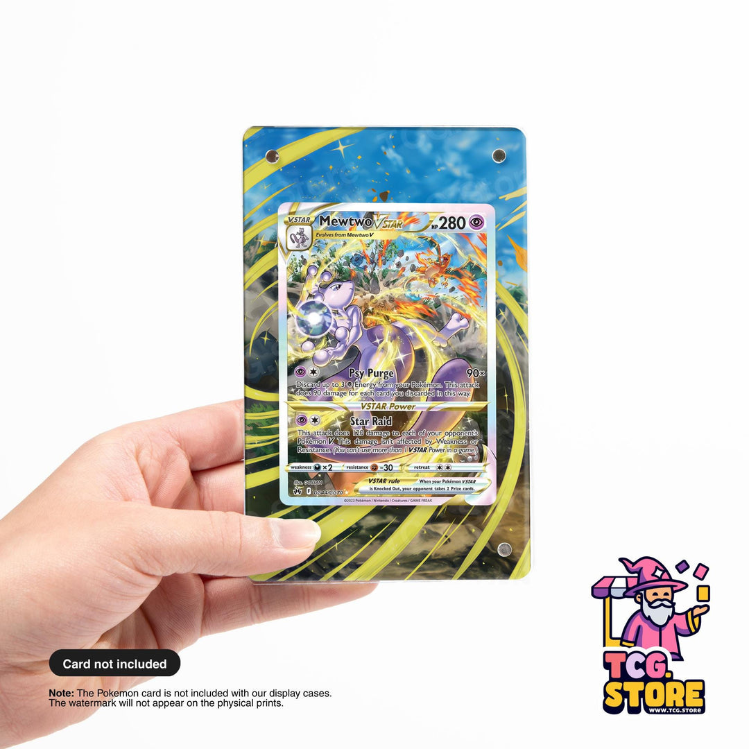 A hand holding a Pokémon trading card with a colorful, abstract design.