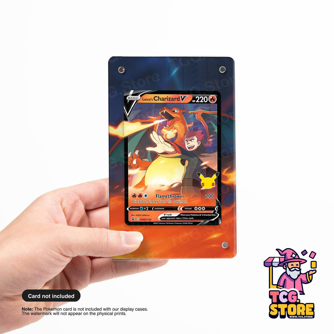 A hand holding a Pokémon Charizard V card with a fiery background.