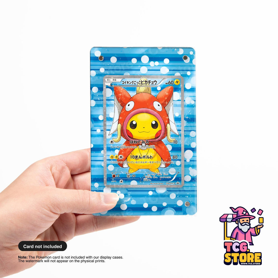 A hand holding a Pokémon card with a colorful, cartoonish design featuring Pikachu, a popular Pokémon character.