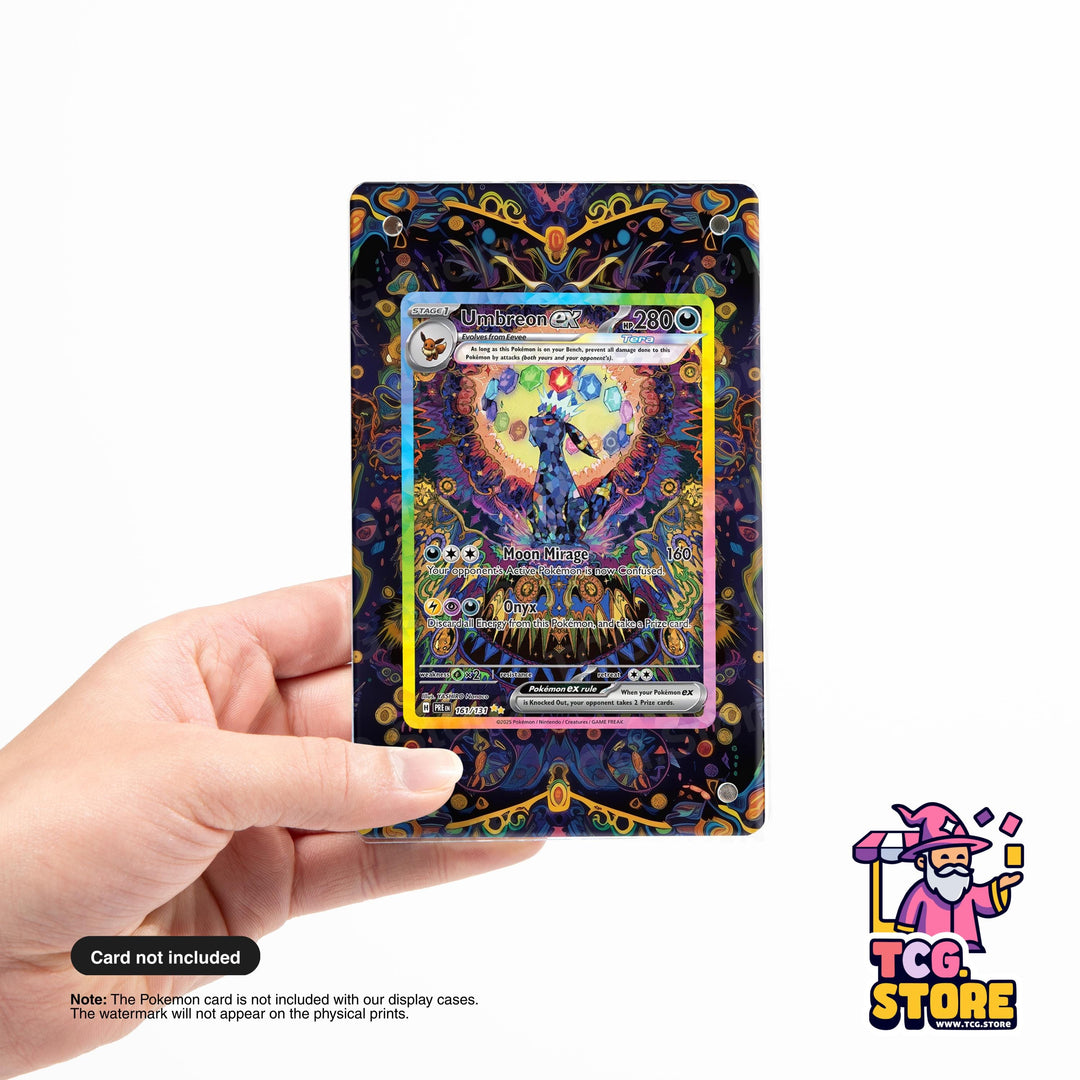 A hand holding a Pokémon trading card with a colorful, abstract design.