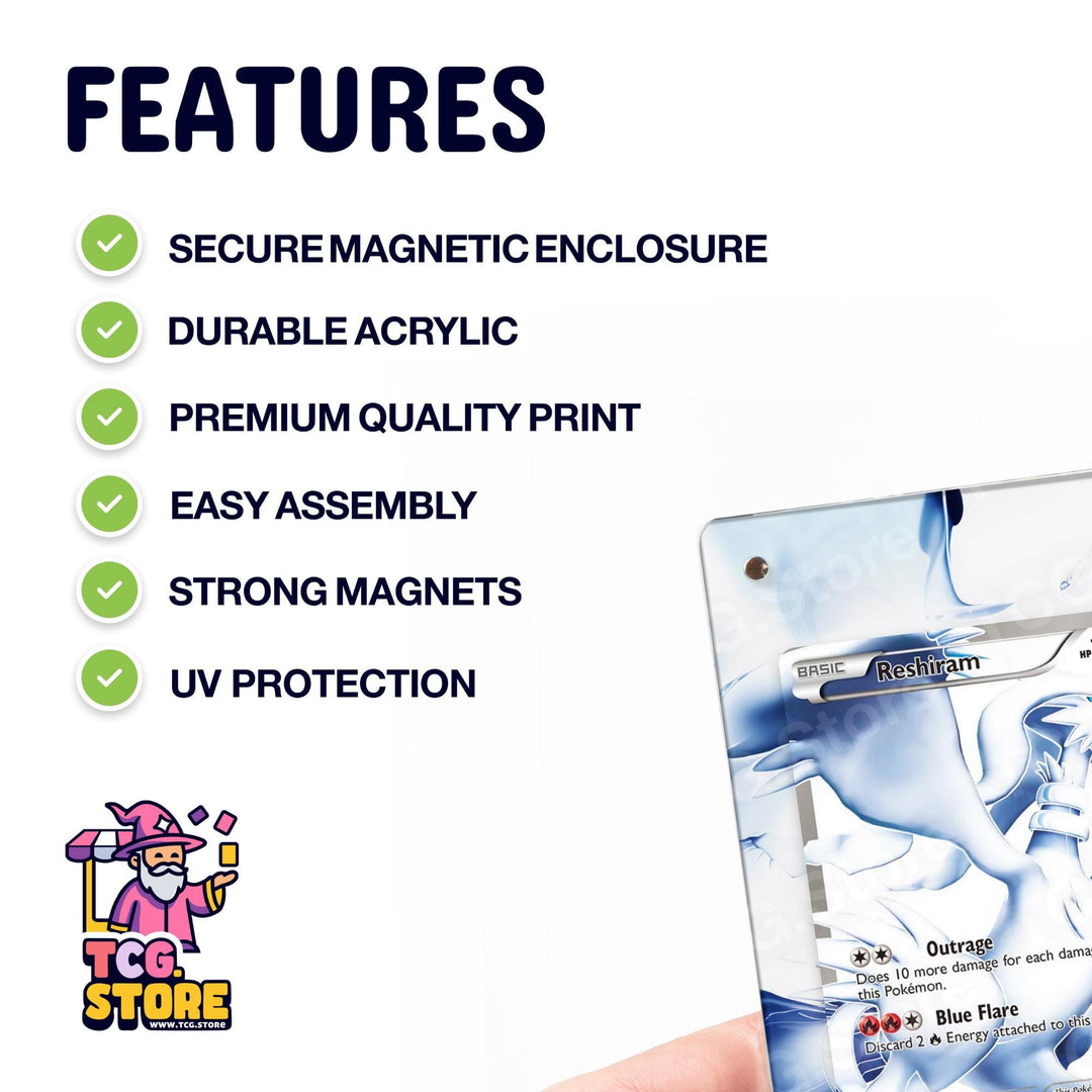 a hand holding a Pokémon trading card with various features highlighted, such as a secure magnetic enclosure, durable acrylic, premium quality print, easy assembly, strong magnets, and UV protection.