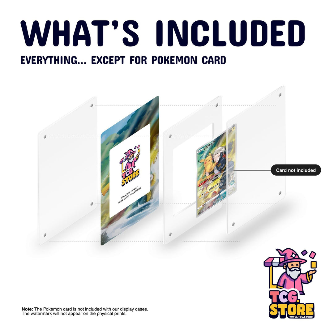The image is a promotional poster for a Pokémon card, specifically for the Pokémon card. It features a Pokémon card and a Pokémon card, both of which are not included with the Pokémon card. The Pokémon card is not included with the display cases, and the watermark will not appear on the physical prints.