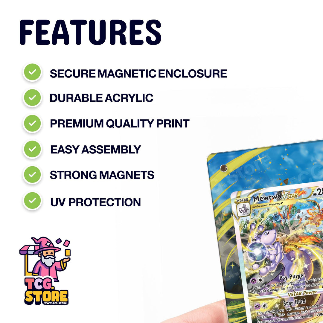 a close-up of a Pokémon trading card, highlighting its features such as secure magnetic enclosure, durable acrylic, premium quality print, easy assembly, strong magnets, and UV protection.