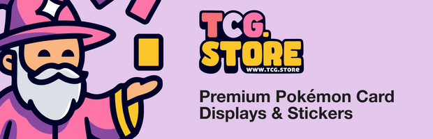 TCG.Store - TCGDotStore promotional banner with illustrated trading card wizard mascot on a purple background