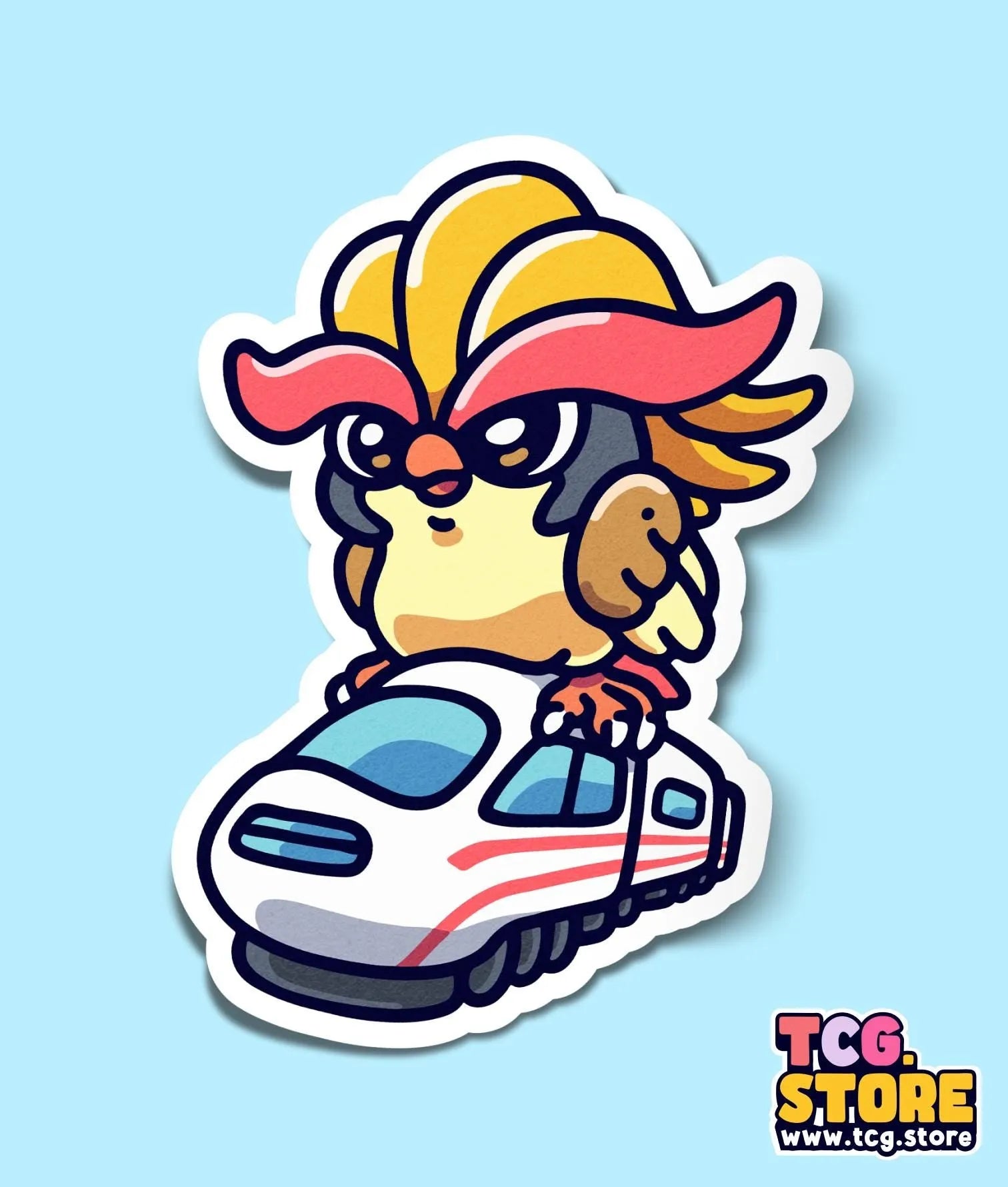 a sticker of a cartoon character riding a train