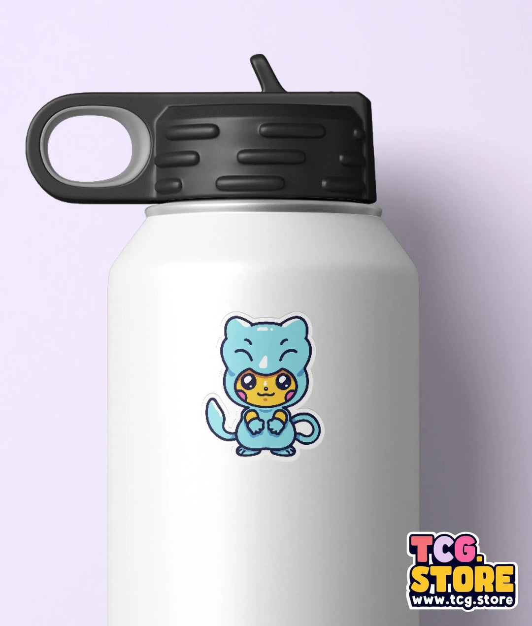 a white water bottle with a cartoon cat on it