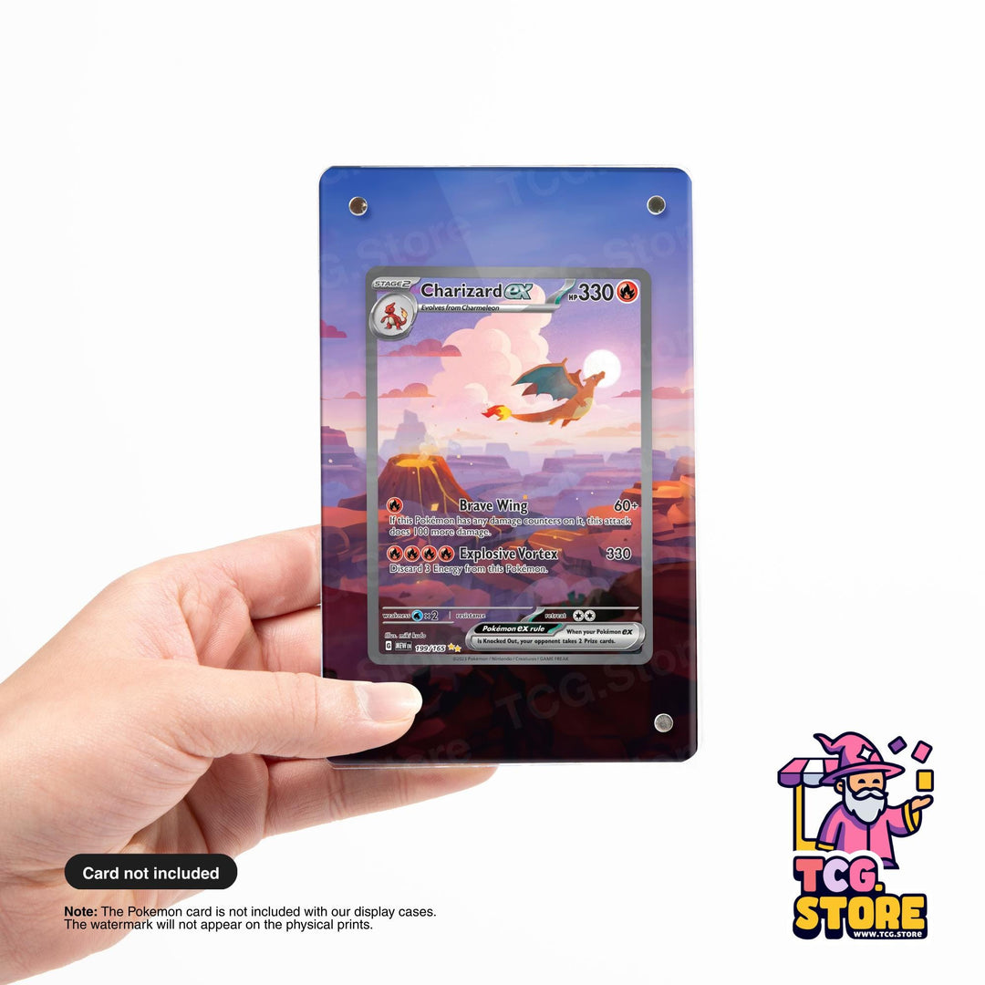 A person's hand holding a Pokémon Charizard card with a colorful, fantasy-themed background.