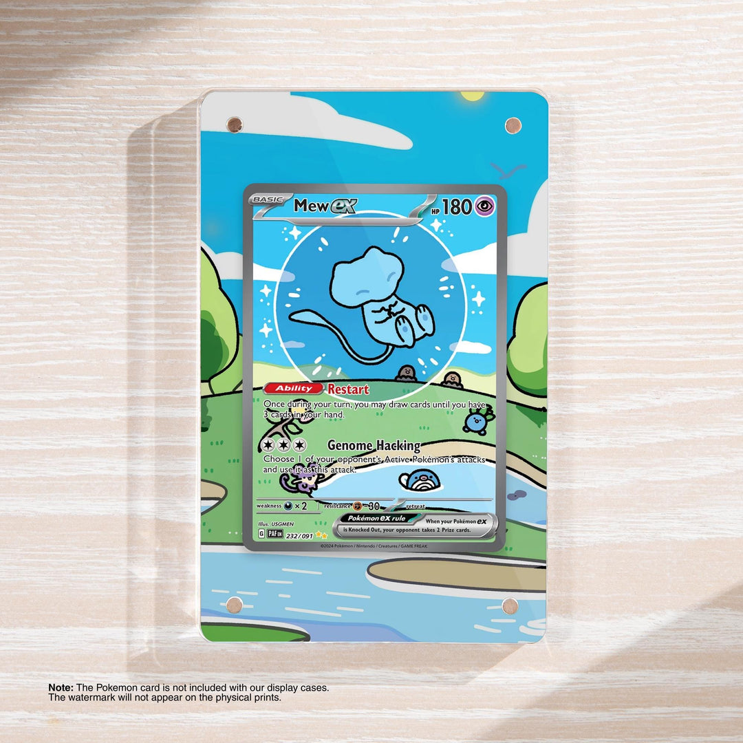 A Pokémon card featuring a blue cartoon character with a green hat, set against a landscape with a body of water and trees.