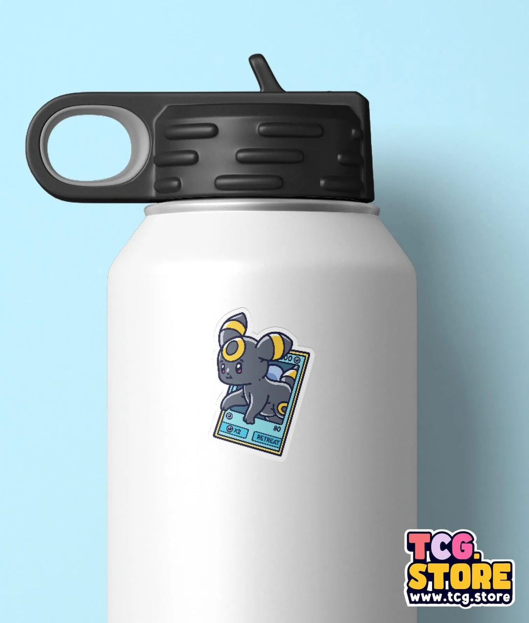 a white water bottle with a sticker of a cat on it