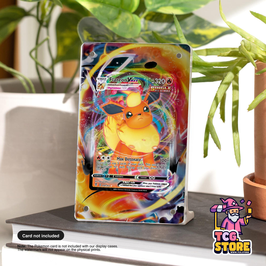 A Pokémon card featuring a colorful, abstract design is displayed on a stand, with a plant in the background.