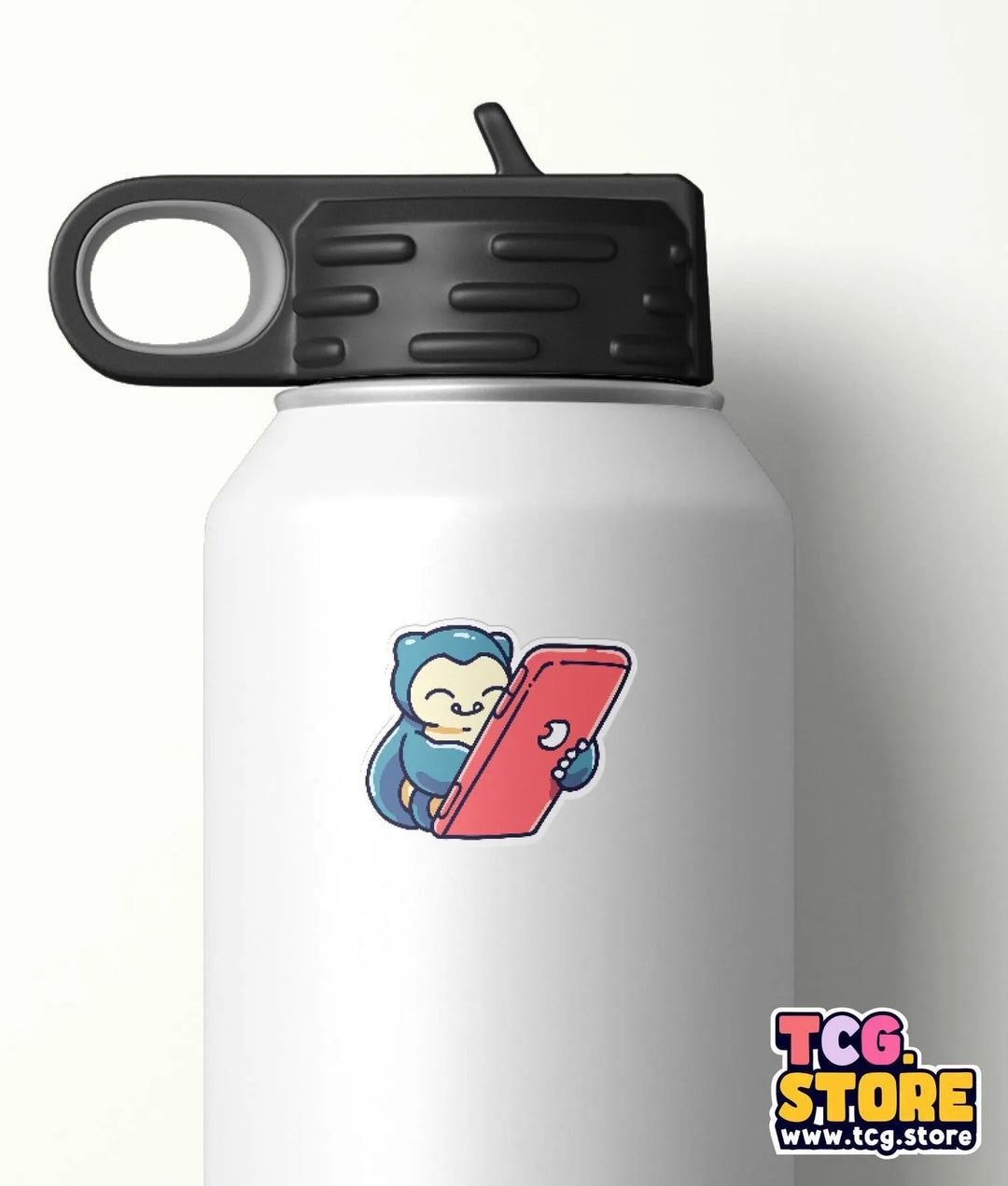 a white water bottle with a monkey sticker on it
