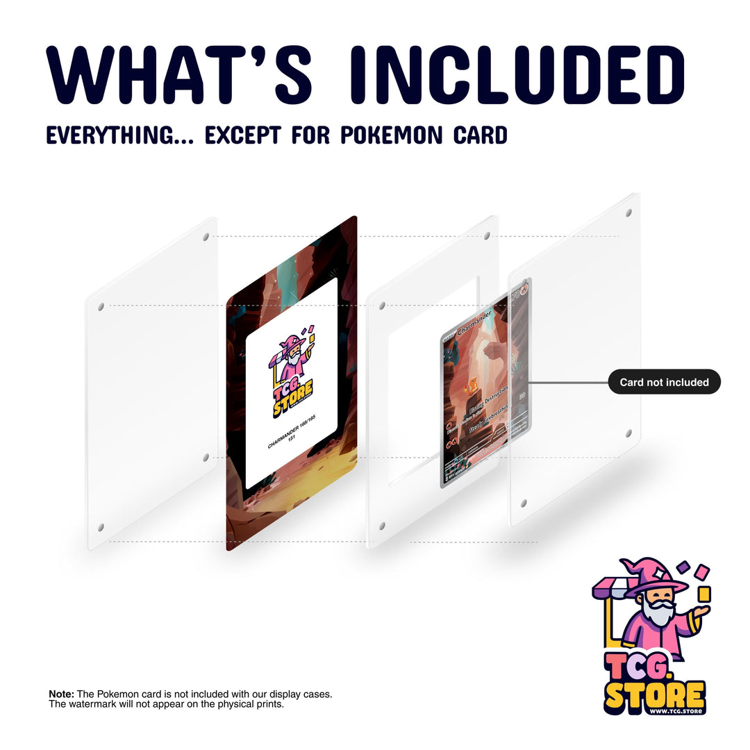 The image is a promotional poster for a Pokémon card, with a clear plastic case and a Pokémon logo. The Pokémon card is not included with the display cases, and the watermark will appear on the physical prints.