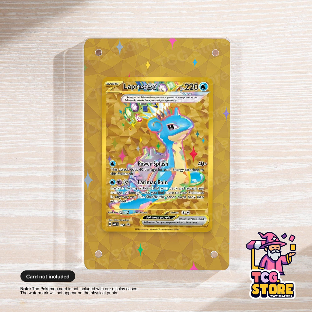 a Pokémon card with a gold background and a blue and yellow design. The card is placed on a wooden surface and is not included in the display.