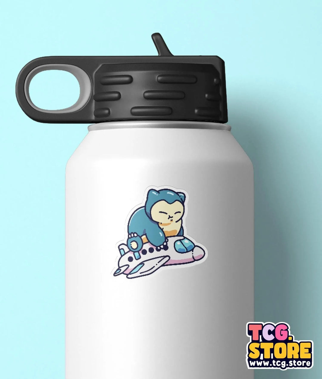 a white water bottle with a cartoon character on it