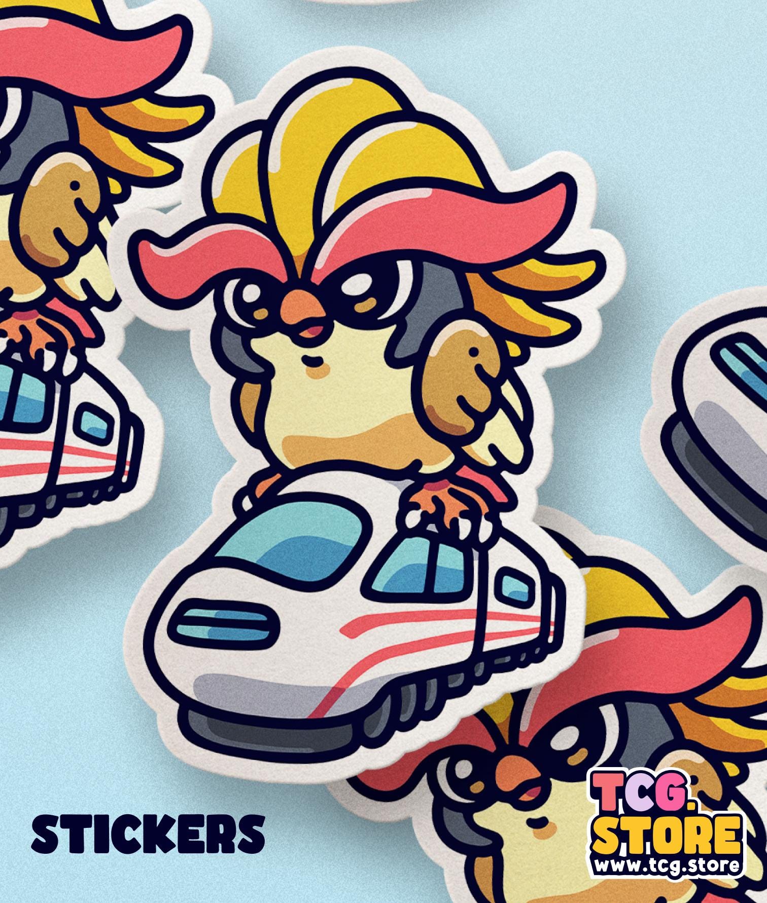 a sticker of a cartoon character riding a train